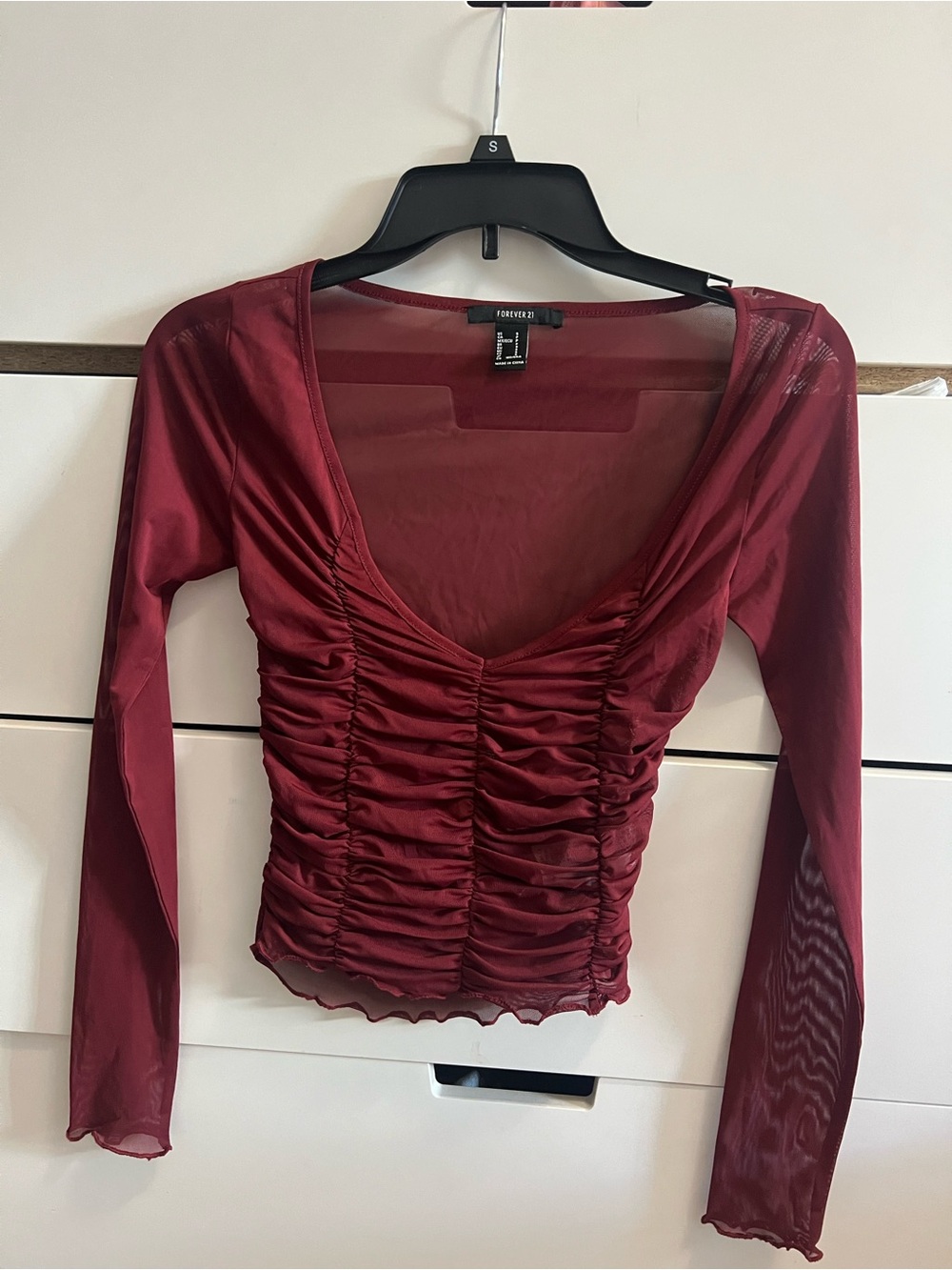 Forever 21 Burgundy Ruched Mesh Long Sleeve Top